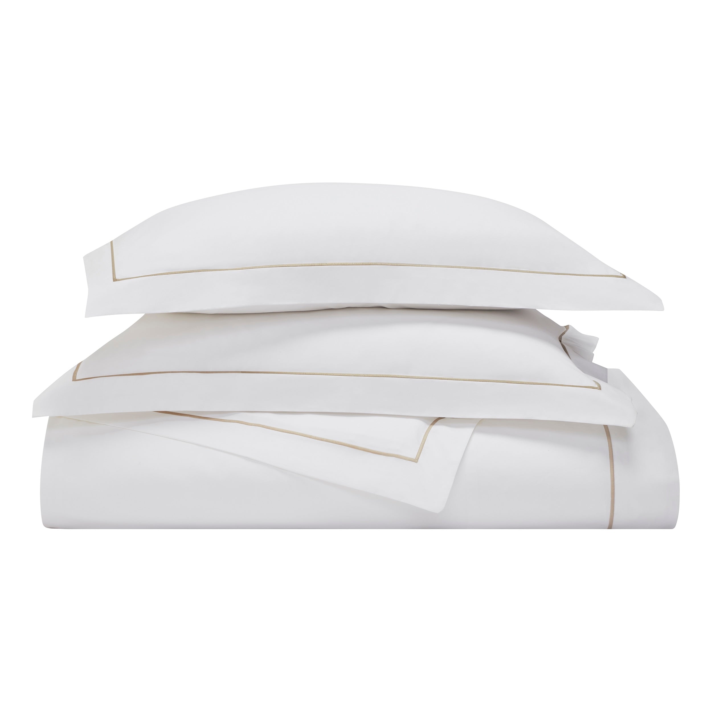 DT-056-9092_4|Stacked luxurious white duvet cover and pillow shams with elegant golden trim. Premium quality bedding product shot.