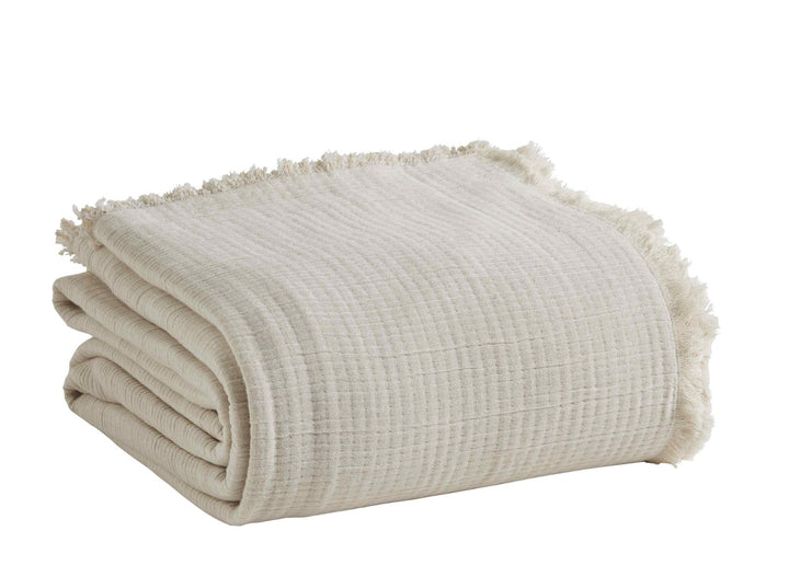 BT-103-11096_3|Folded off-white textured blanket with a delicate fringe edge, perfect for adding cozy comfort and a light touch to home decor.