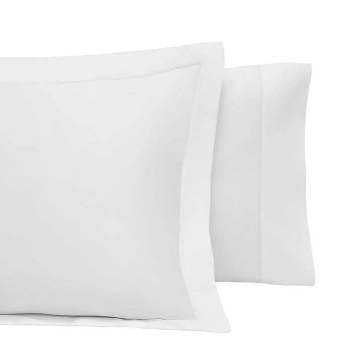 ASP-546-2032_4|Pair of white 100% cotton sateen pillow covers; one with a wide decorative flange and one standard hemmed pillowcase.