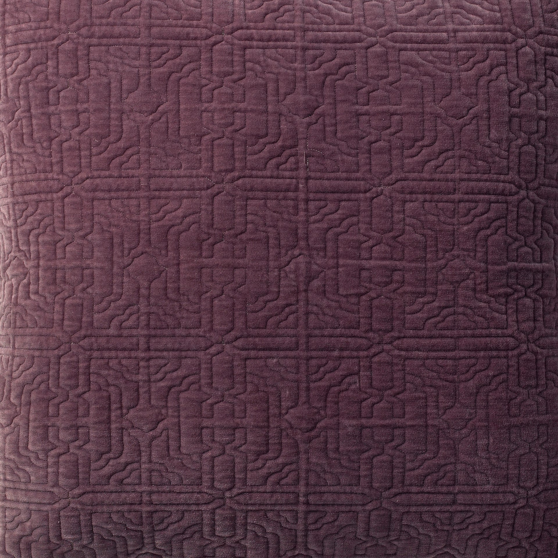 SWT-305-X_1|Rich plum velvet quilted bedding fabric, intricate geometric pattern, offers luxurious texture and bold style.