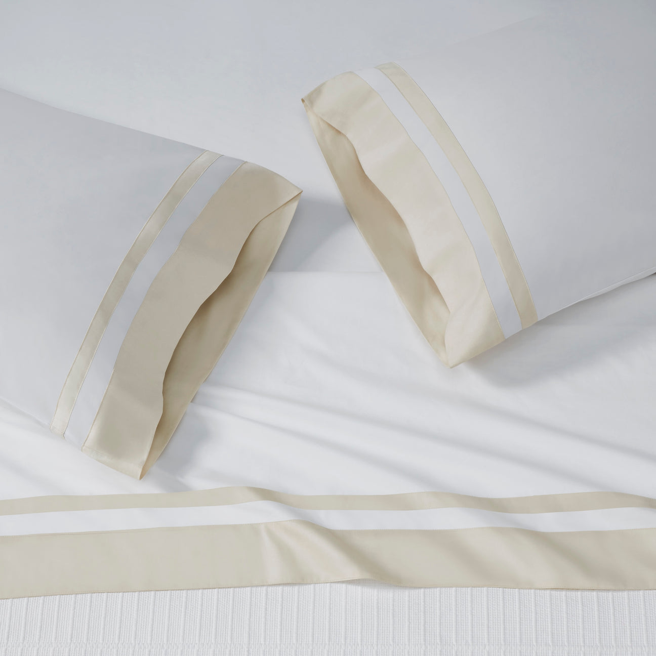 ASP-548-X_1|Inviting white 100% cotton sheets & pillowcases with stylish beige stripe detail. Soft, breathable, and luxurious bedding.