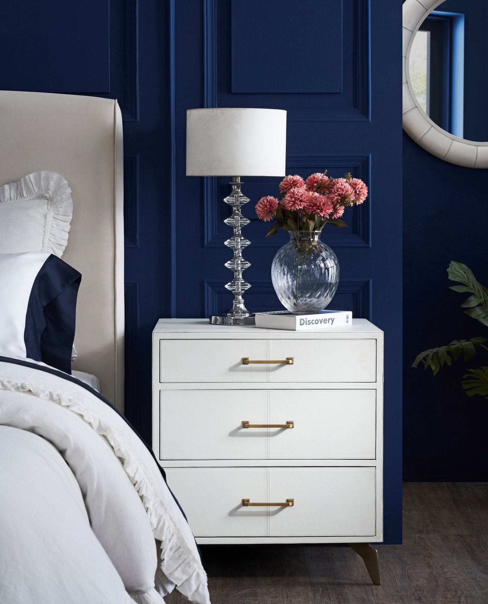 FN-5201-262028_1|Elegant white shagreen nightstand with three drawers and gold hardware. Stylish bedroom storage furniture.