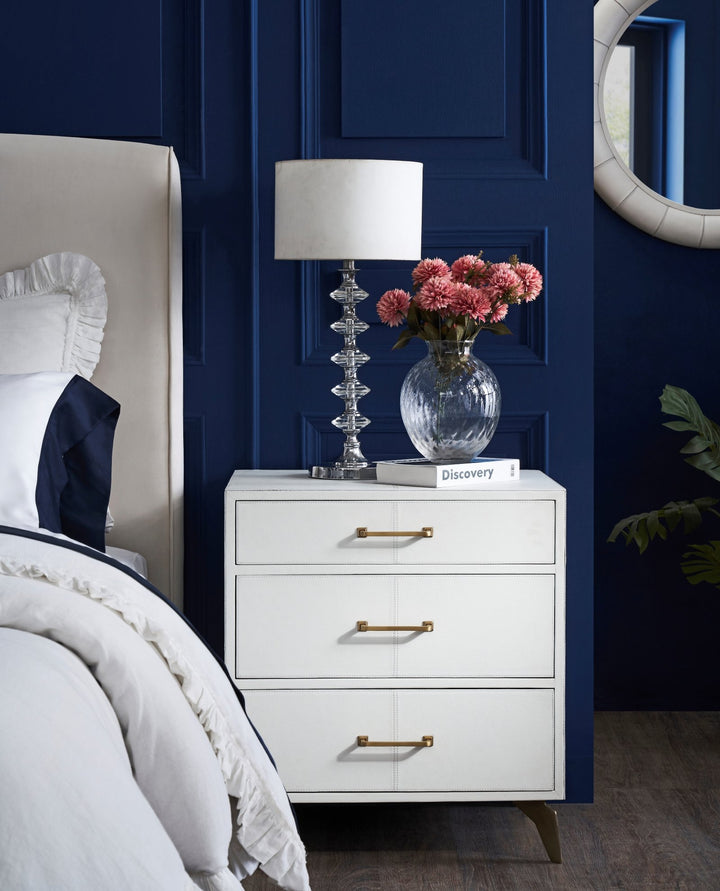 FN-5201-262028_1|Elegant white shagreen nightstand with three drawers and gold hardware. Stylish bedroom storage furniture.