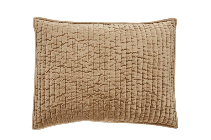 SS-362-2026_1|Luxurious tan velvet quilt with intricate vertical channel quilting pattern. Perfect modern bedding for a cozy bedroom.