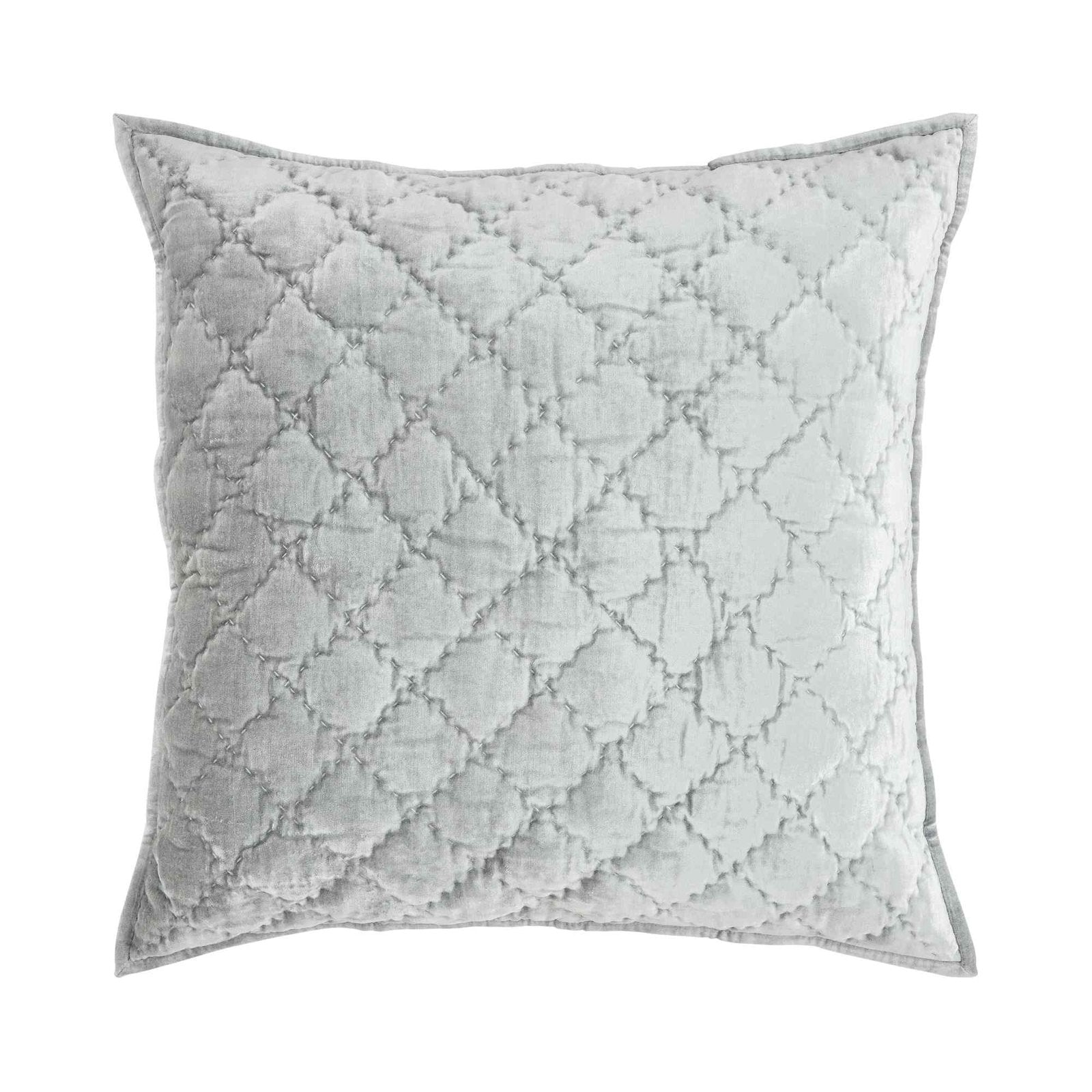 ES-356-2626_1|Elegant light blue-grey velvet quilted pillow with intricate diamond stitching, offering luxurious texture and style.