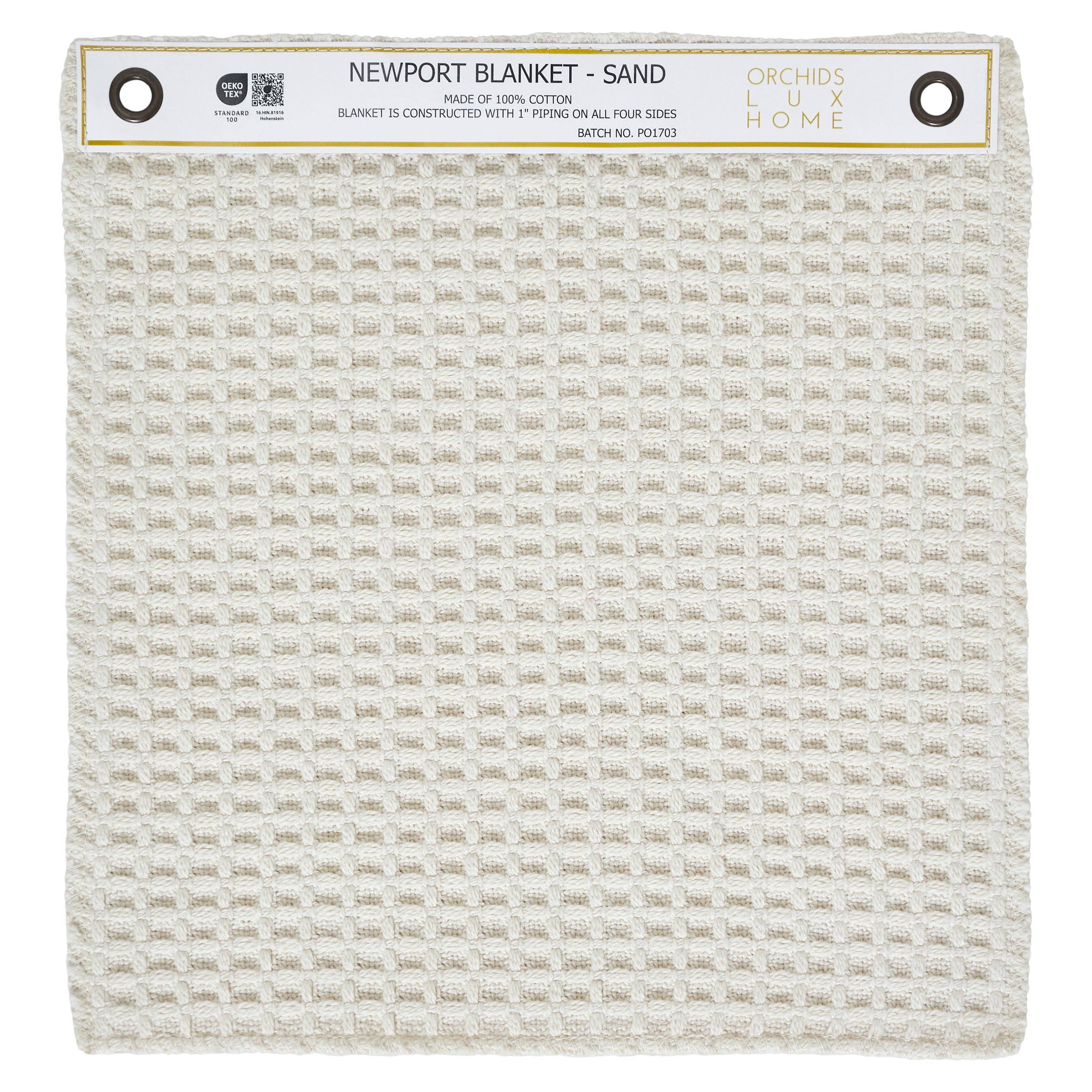 SWT-867-1010_1|Newport Blanket Sand 100% Cotton swatch. Light beige waffle weave texture for home bedding. Soft, cozy, natural cotton fabric.