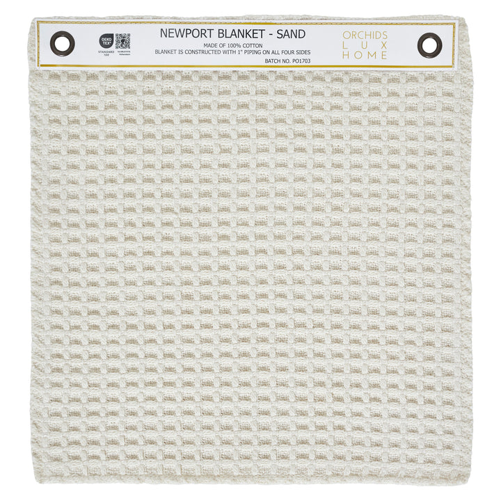 SWT-867-1010_1|Newport Blanket Sand 100% Cotton swatch. Light beige waffle weave texture for home bedding. Soft, cozy, natural cotton fabric.