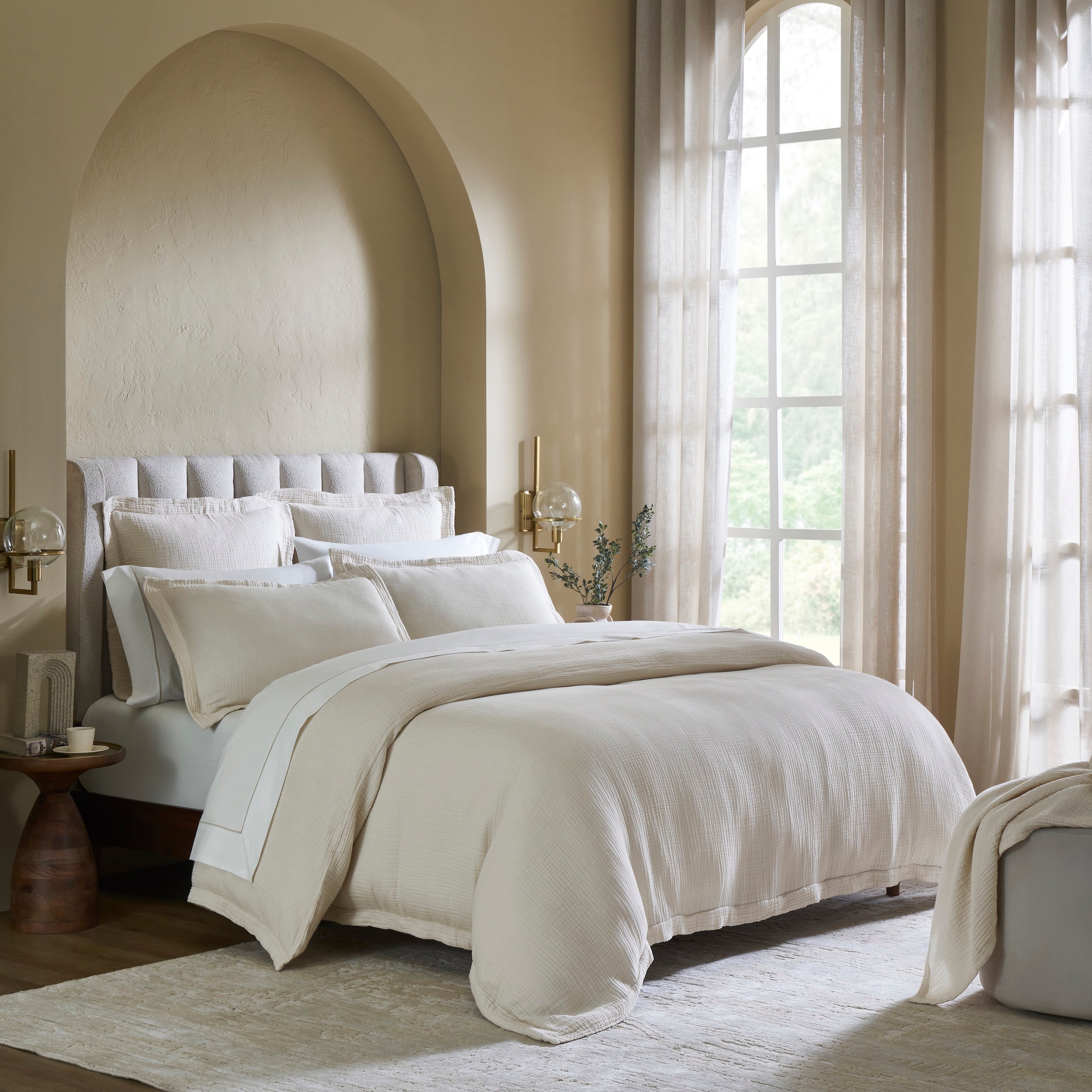 DT-049-10692_2|Neutral cream textured duvet cover on a modern bed, bathed in natural light, creating an inviting and elegant bedroom.