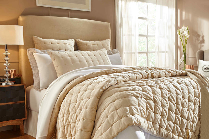 QT-314-9496-LOT1_2|Luxurious champagne beige quilt featuring a sophisticated square quilted pattern, ideal for elegant bedroom decor. Soft, textured bedding.