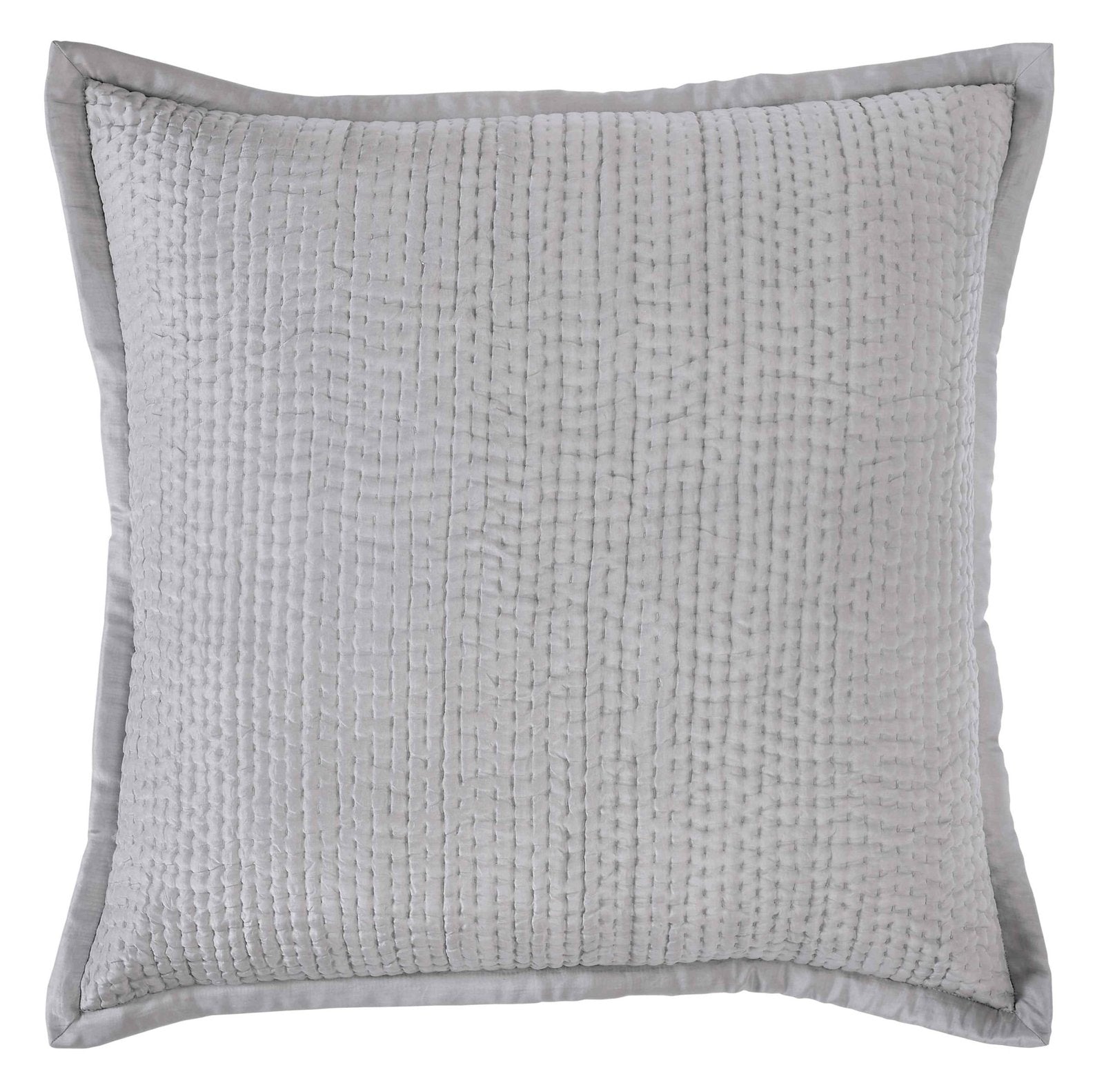 ES-156-2626_1|Light grey quilted coverlet featuring a small, dense grid pattern with vertical stitching. Soft woven texture, plain flange border.