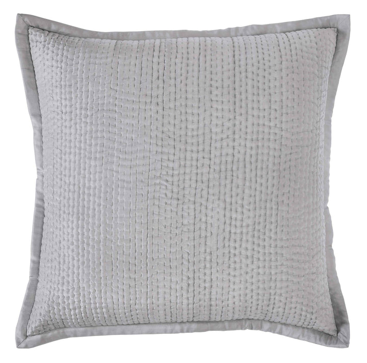 ES-156-2626_1|Light grey quilted coverlet featuring a small, dense grid pattern with vertical stitching. Soft woven texture, plain flange border.