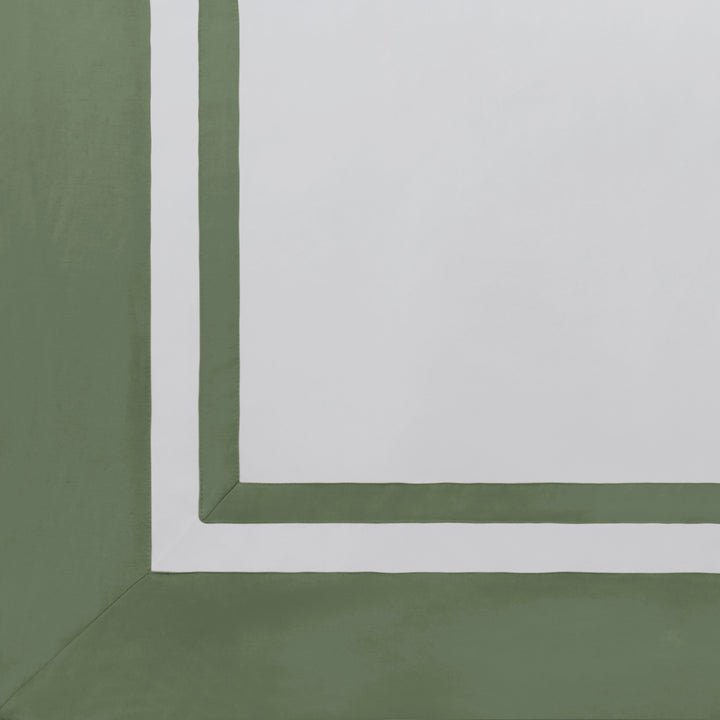 ASP-542-2032_5|Close-up of a white 100% cotton sateen flat sheet, detailed with a clean, wide solid olive green border.