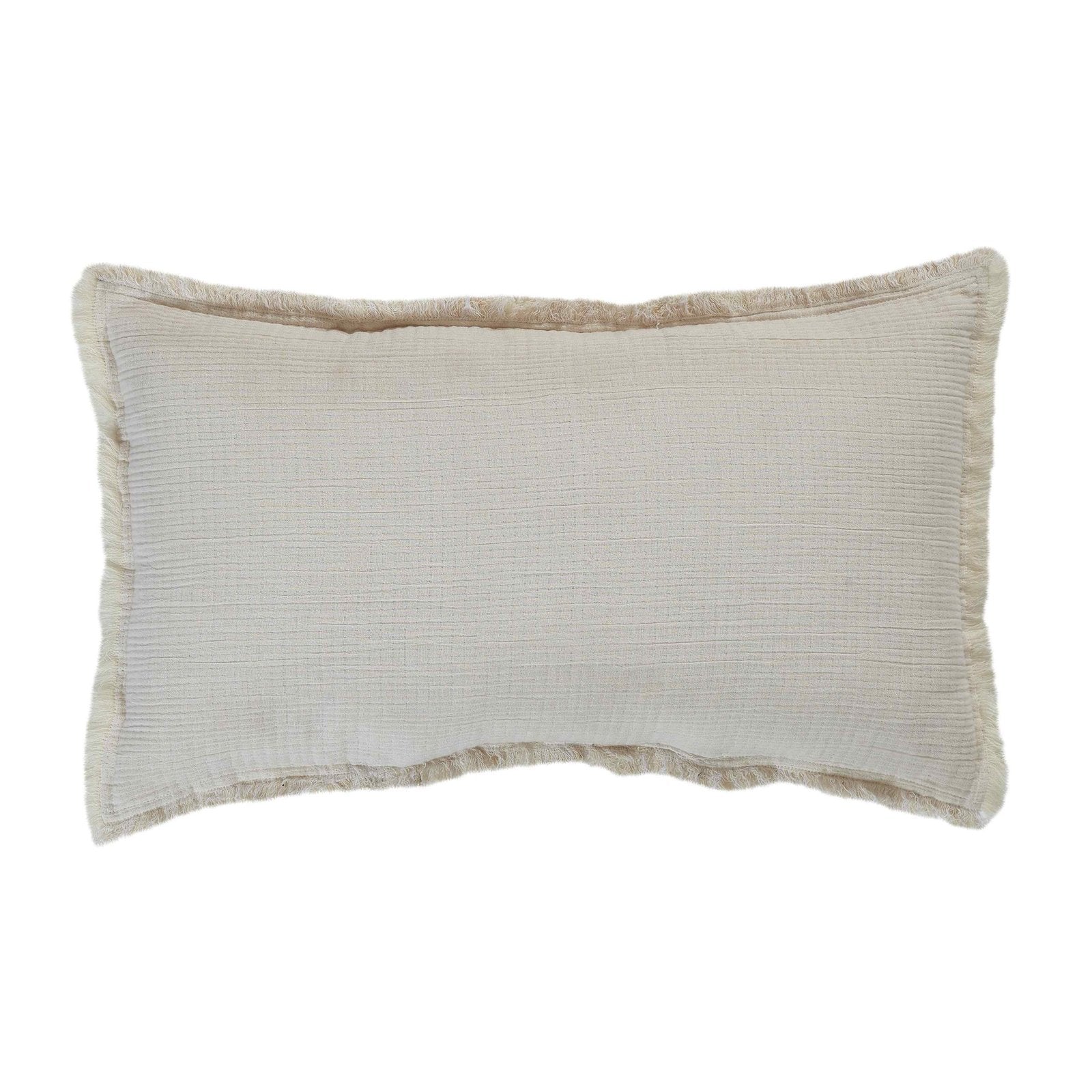 TP-103-X_1|Stylish rectangular cream decorative lumbar pillow with a subtle textured pattern and elegant frayed fringe trim.