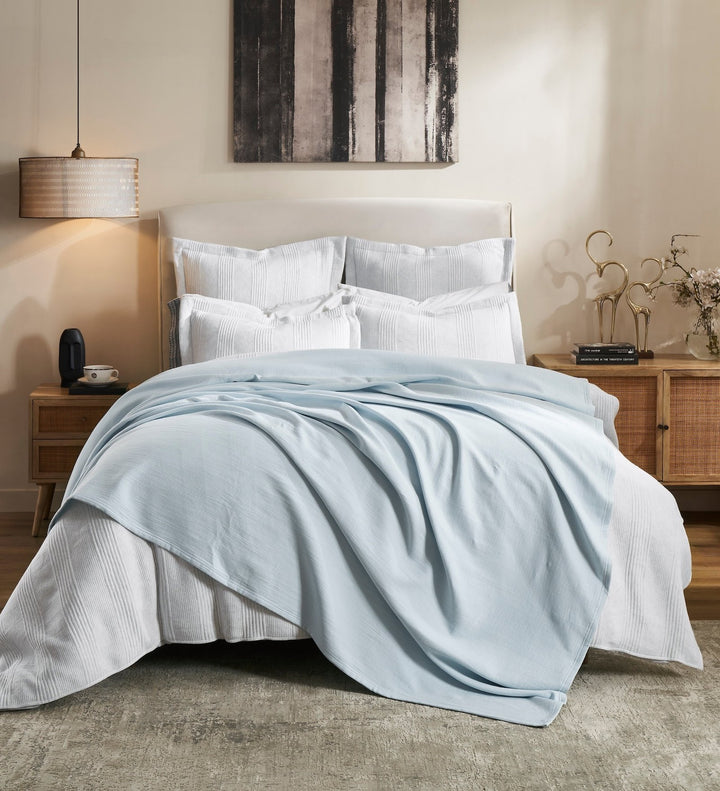 BL-859-9496_1|Light blue waffle weave blanket elegantly draped over a white bed, enhancing bedroom style. Soft, decorative, cozy.