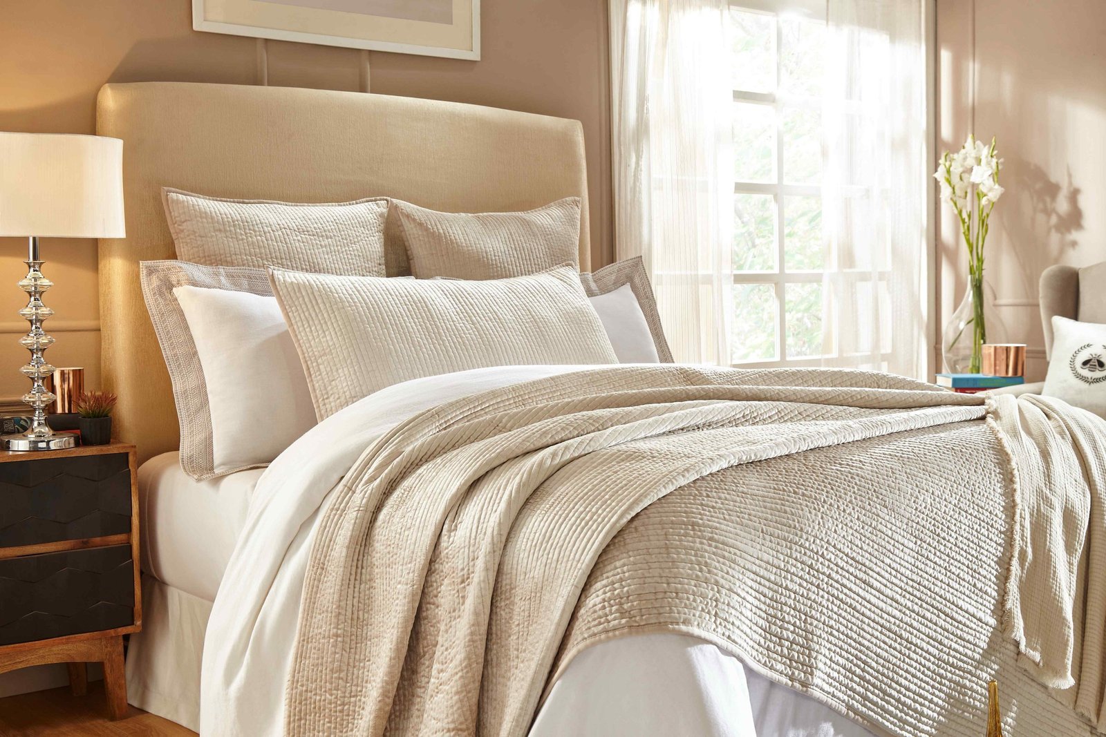 CL-154-11898_2|Cozy light beige coverlet with subtle quilting on a bed, perfect for adding warmth and a serene touch to any bedroom.