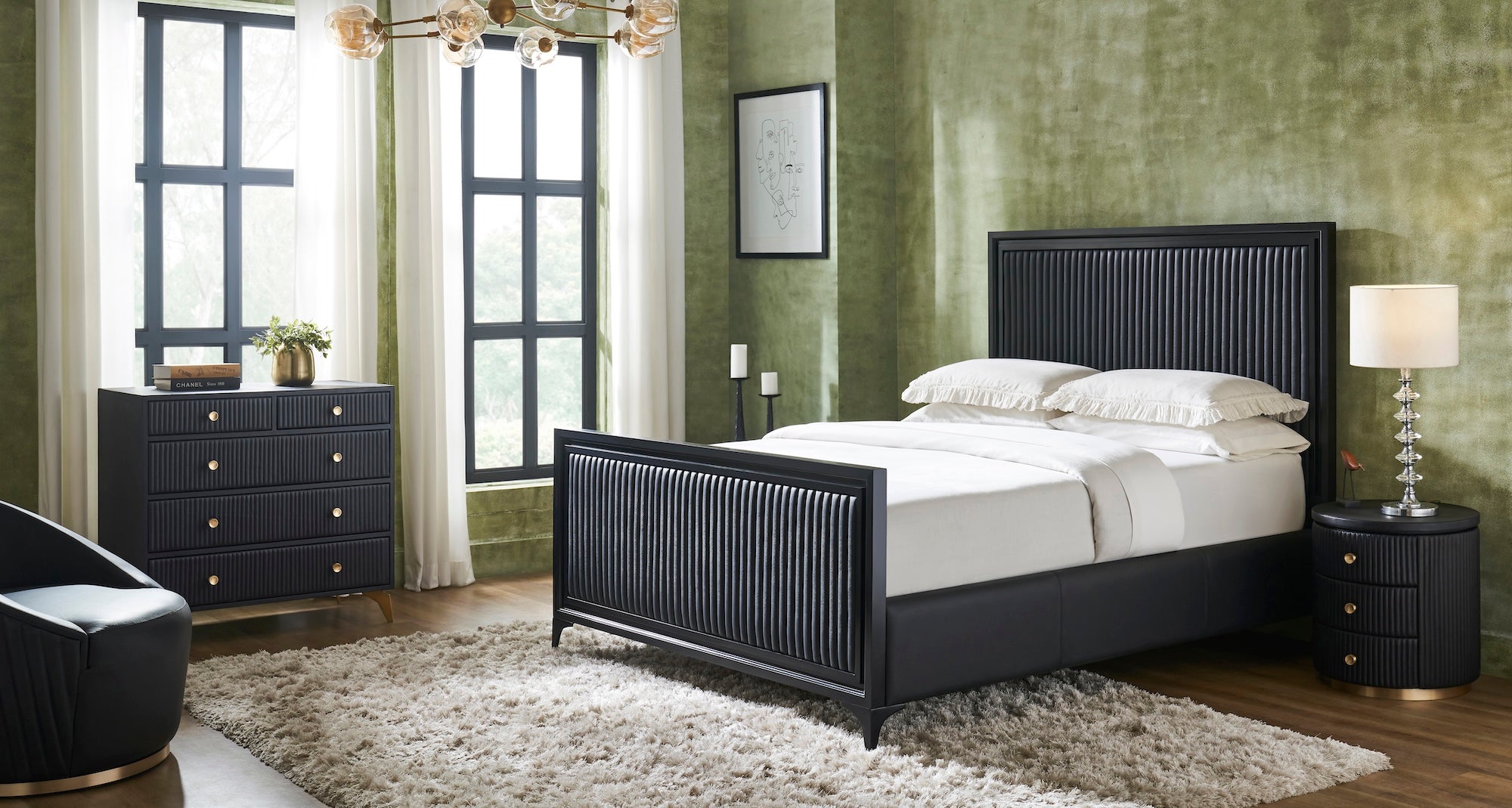 FN-5217-482036_7|Luxurious black leather bedroom furniture set featuring a fluted bed, matching chest of drawers, and nightstands with gold accents.