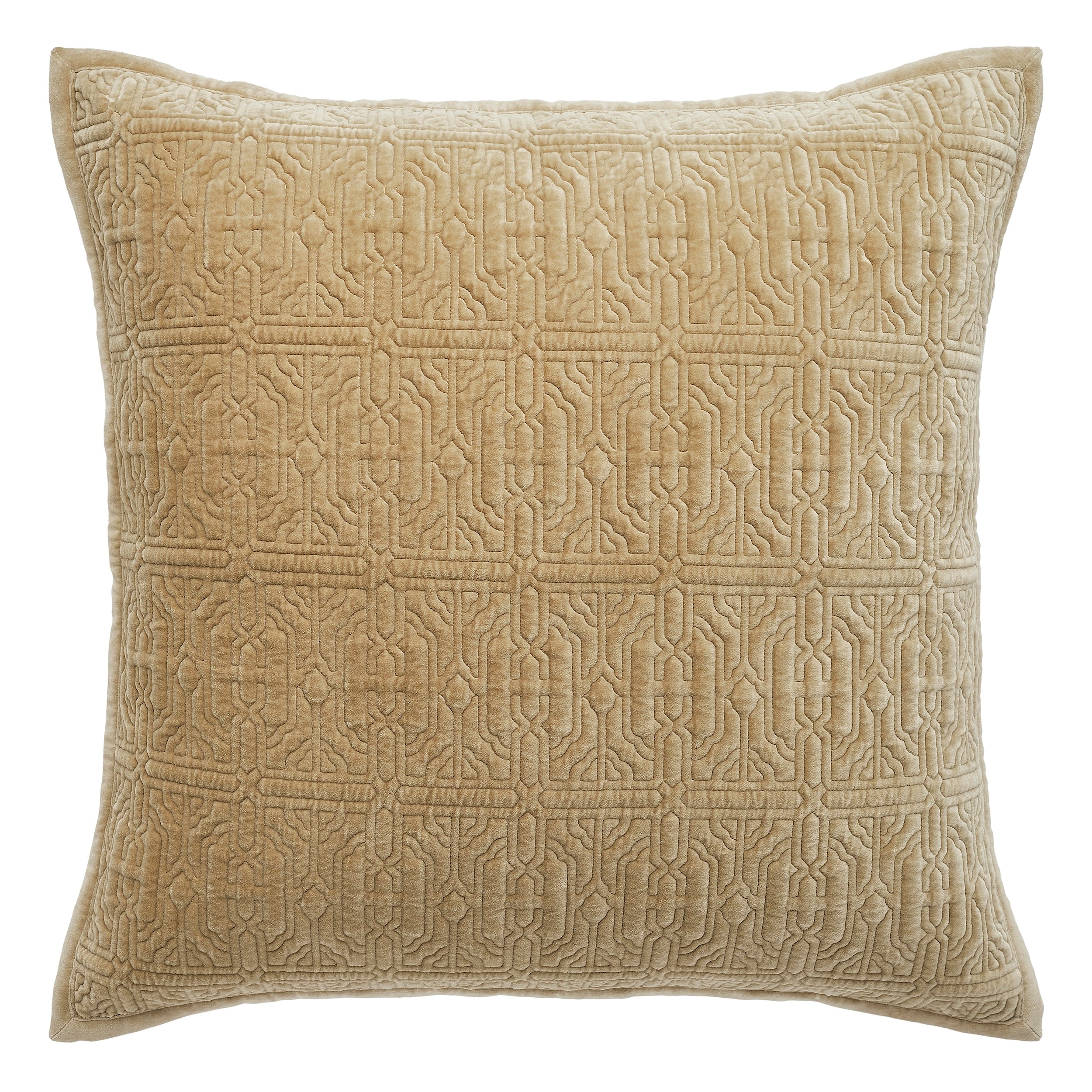 ES-377-2626_1|Luxurious tan quilted velvet pillow with intricate geometric pattern, adding elegant texture and cozy comfort to any sofa.