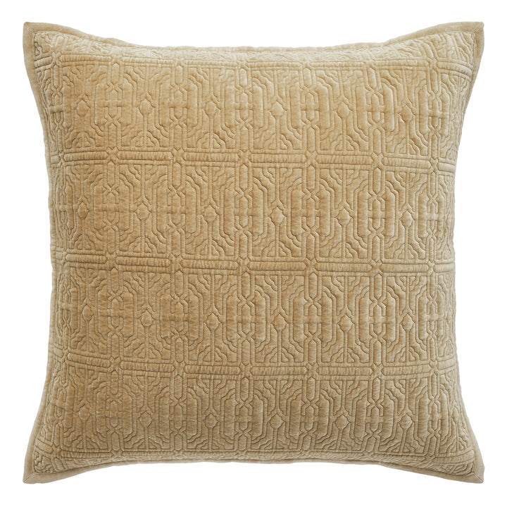 ES-377-2626_1|Luxurious tan quilted velvet pillow with intricate geometric pattern, adding elegant texture and cozy comfort to any sofa.