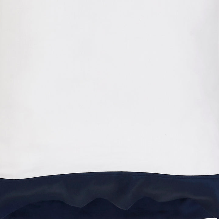 SWT-513-7.8_1|Crisp white fabric with a sharp, contemporary horizontal navy blue color block at the bottom. Modern design for home.