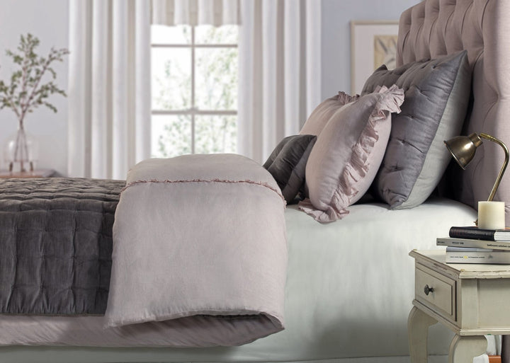 DT-004A-10692_3|Light pink ruffle duvet cover and shams on a luxurious bed with grey coverlet. Cozy and sophisticated bedroom.