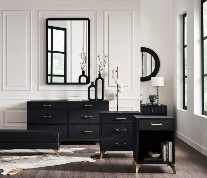 FN-5200-X-2_2|Complete black dresser set with gold hardware, including a six-drawer dresser, storage cabinet, and nightstand for modern decor.