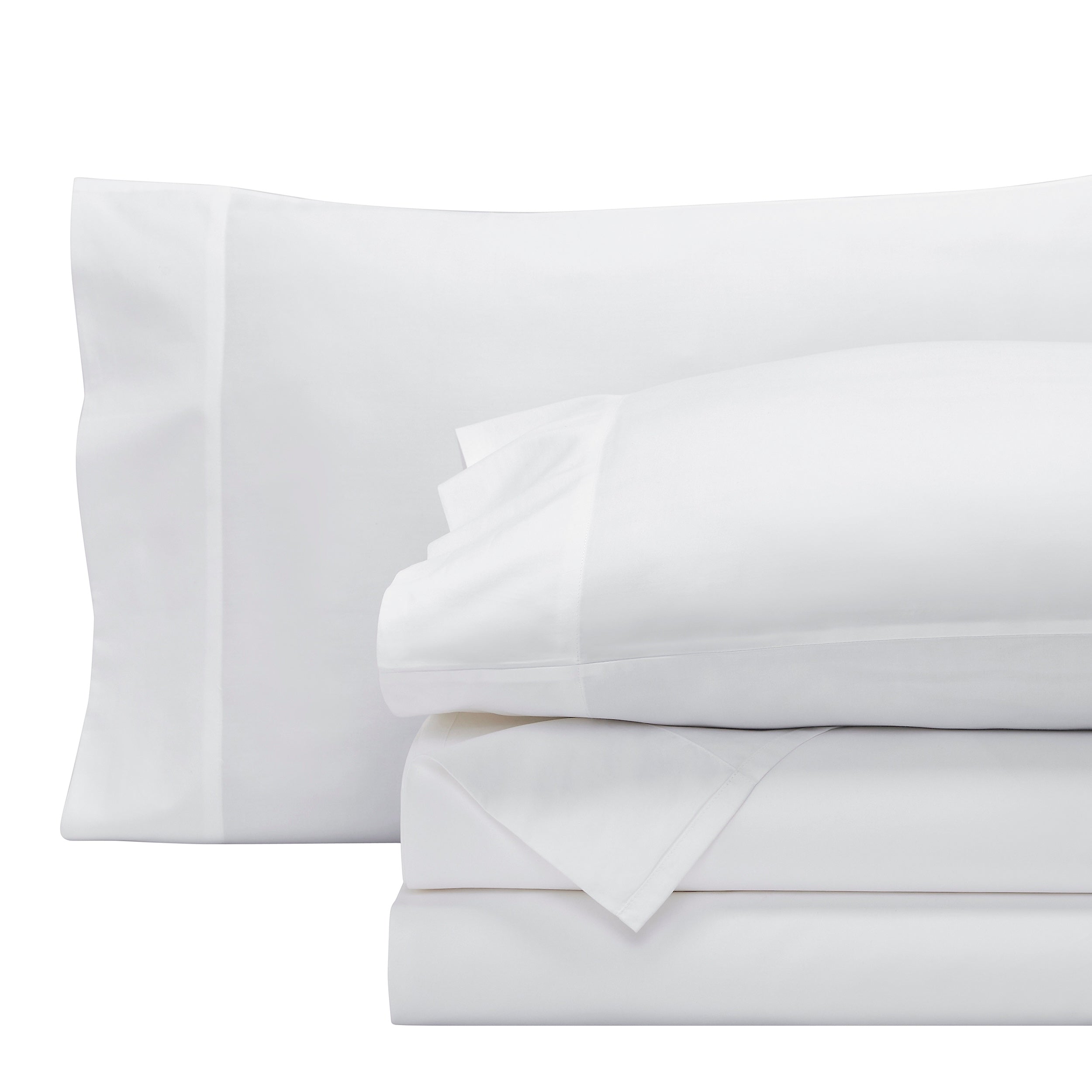 KSS-535-7880_5|Neatly folded white 100% cotton sheet set, including flat, fitted, and pillowcases. Soft, luxurious, and durable bedding.