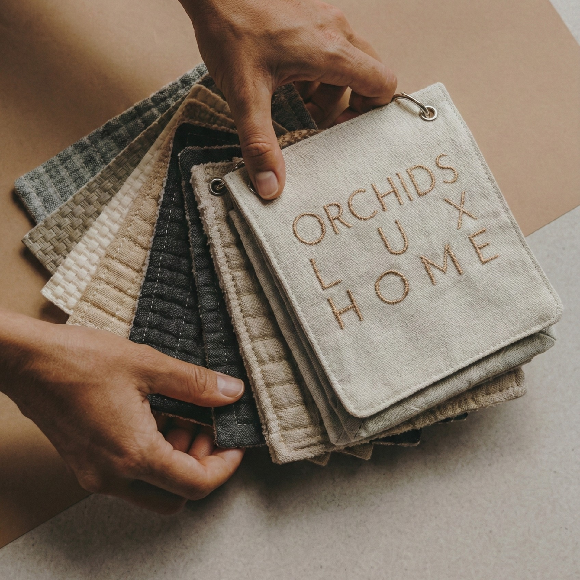 SWT-COLLCTN-JUL-2026_1|Neutral swatch collection with various woven textures. Top linen swatch embroidered 'ORCHIDS LUX HOME'.