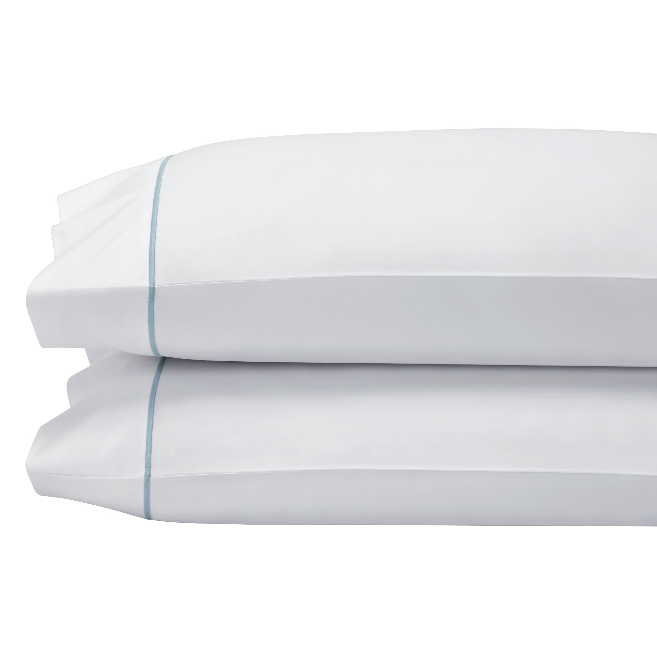 ASP-530-2032_2|Stack of two luxurious 100% cotton sheets: pure white pillow shams with elegant aqua blue piping. Premium comfort.