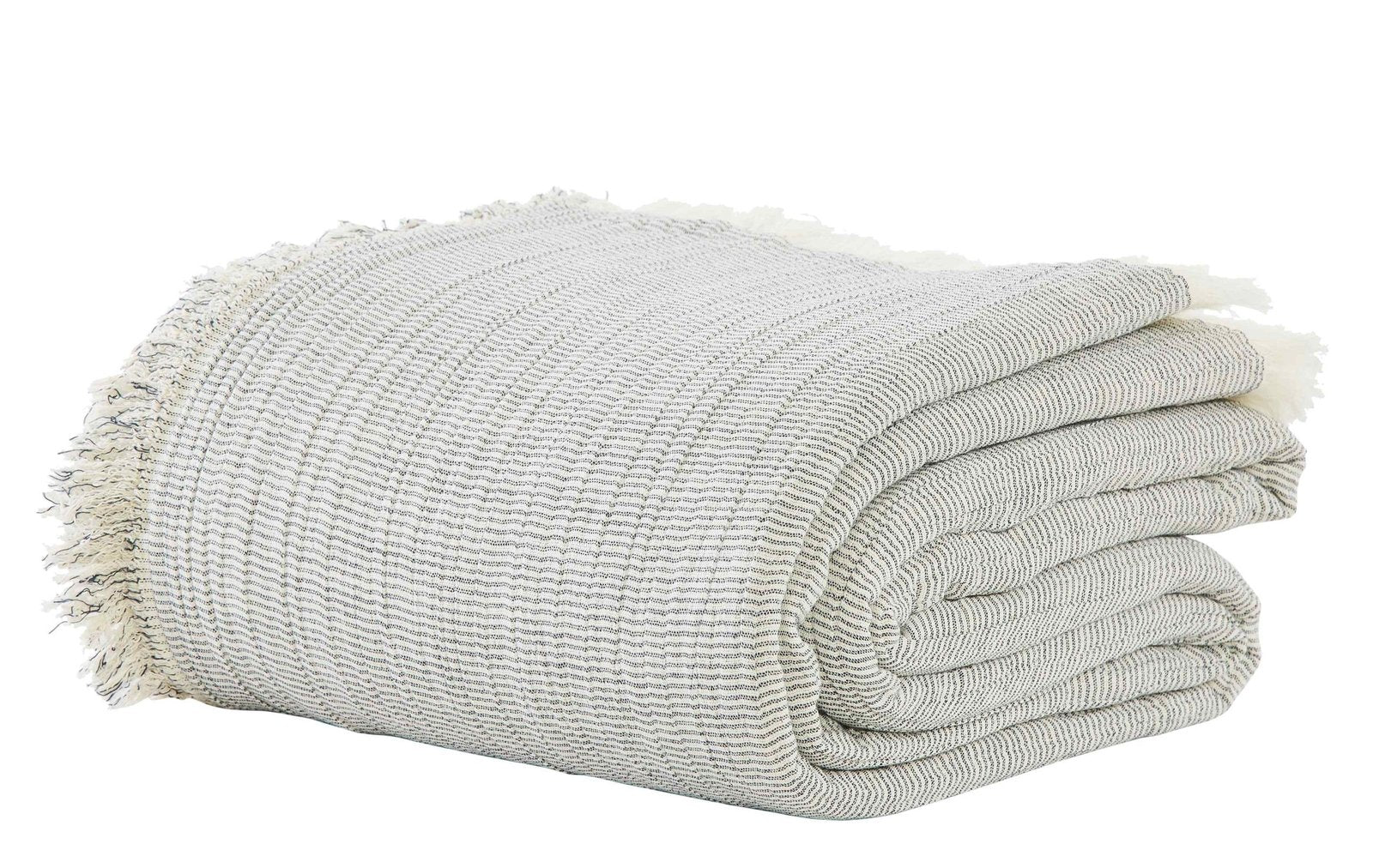 BT-113-11096_2|Neatly folded light grey striped throw blanket with charming fringe edges, perfect for cozy home textiles.