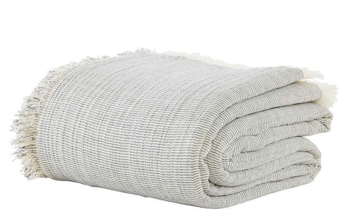 BT-113-11096_2|Neatly folded light grey striped throw blanket with charming fringe edges, perfect for cozy home textiles.