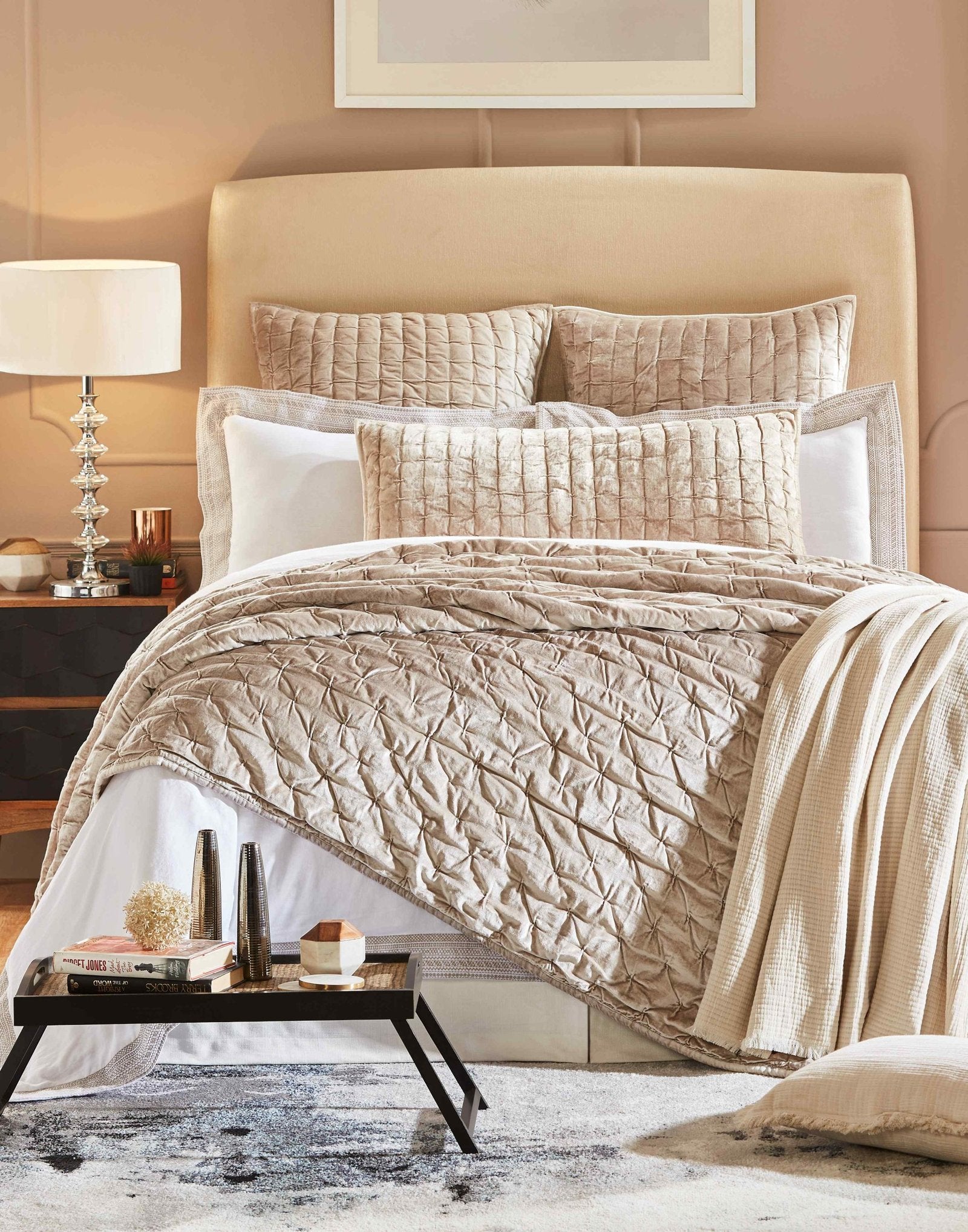 QT-312-9496_1|Luxurious tan velvet pleated quilt on a sophisticated bed, providing elegant texture and supreme comfort. Perfect accent.