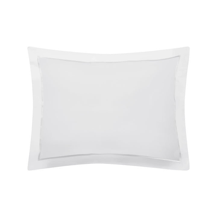 BS-065-1216_1|White luxury duvet cover, elegant design with a refined silver-grey embroidered frame detail for sophisticated hotel bedding.