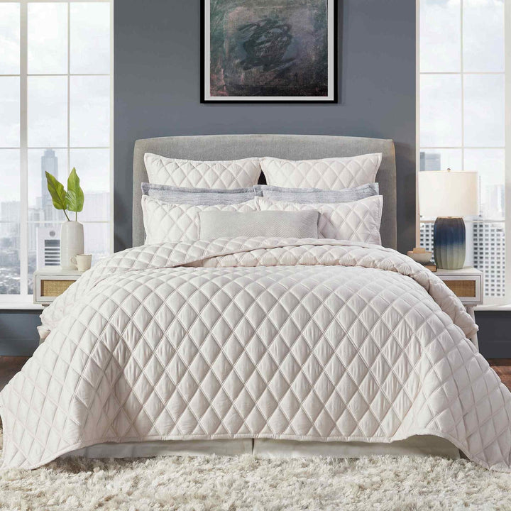 CL-180-11096_1|Cream quilted coverlet on bed in modern bedroom, featuring diamond stitching and cozy design for a stylish sleep.