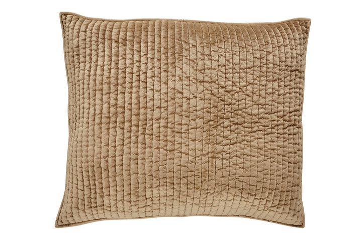 DE-362-3137_1|Rich tan velvet quilted pillow sham, crinkled channel pattern. Elegant textured bedding for warm, inviting bedroom aesthetics.