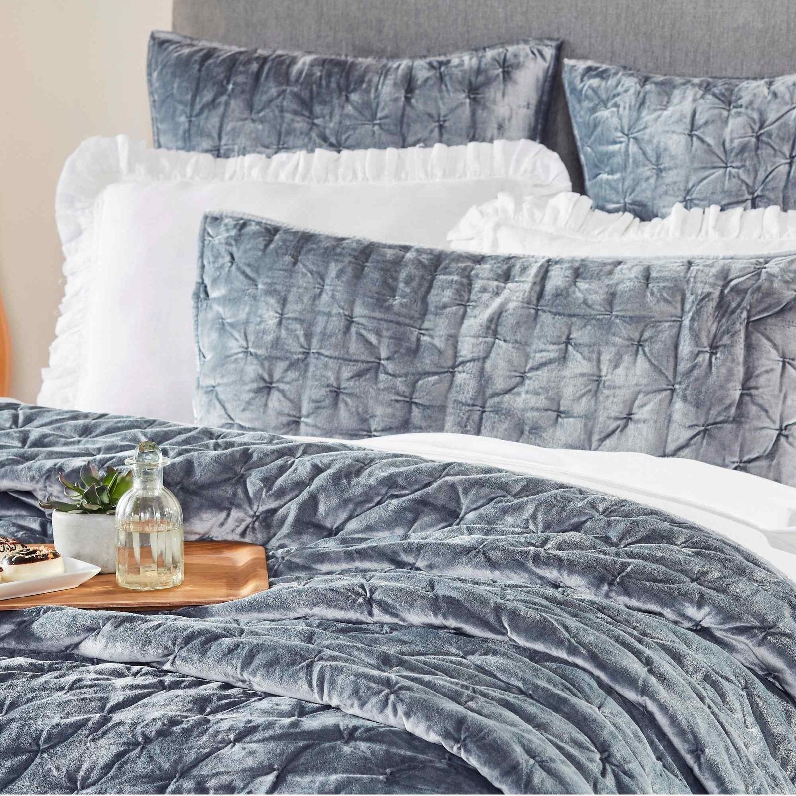 QT-336-11898_5|Close-up of slate grey velvet pleated quilt, highlighting its rich texture and luxurious design for a cozy bed setting.