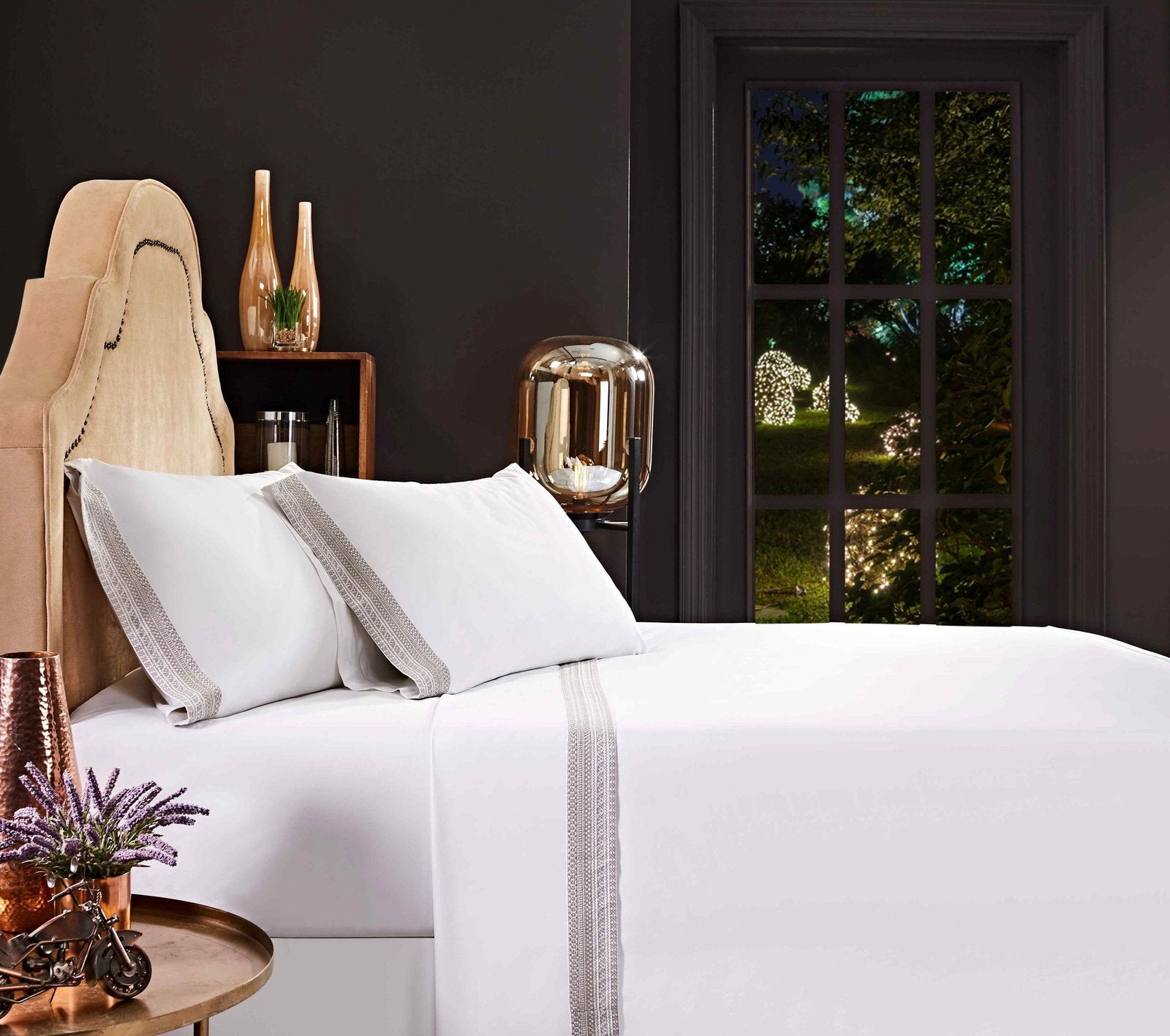 CSS-501-7284_5|Crisp white 100% cotton sheets with elegant woven grey trim, creating a luxurious and breathable bedding experience.