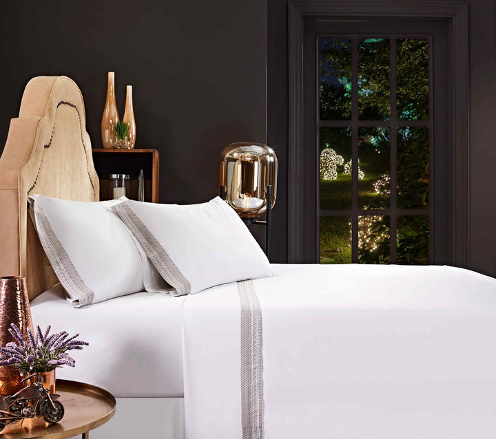 CSS-501-7284_5|Crisp white 100% cotton sheets with elegant woven grey trim, creating a luxurious and breathable bedding experience.