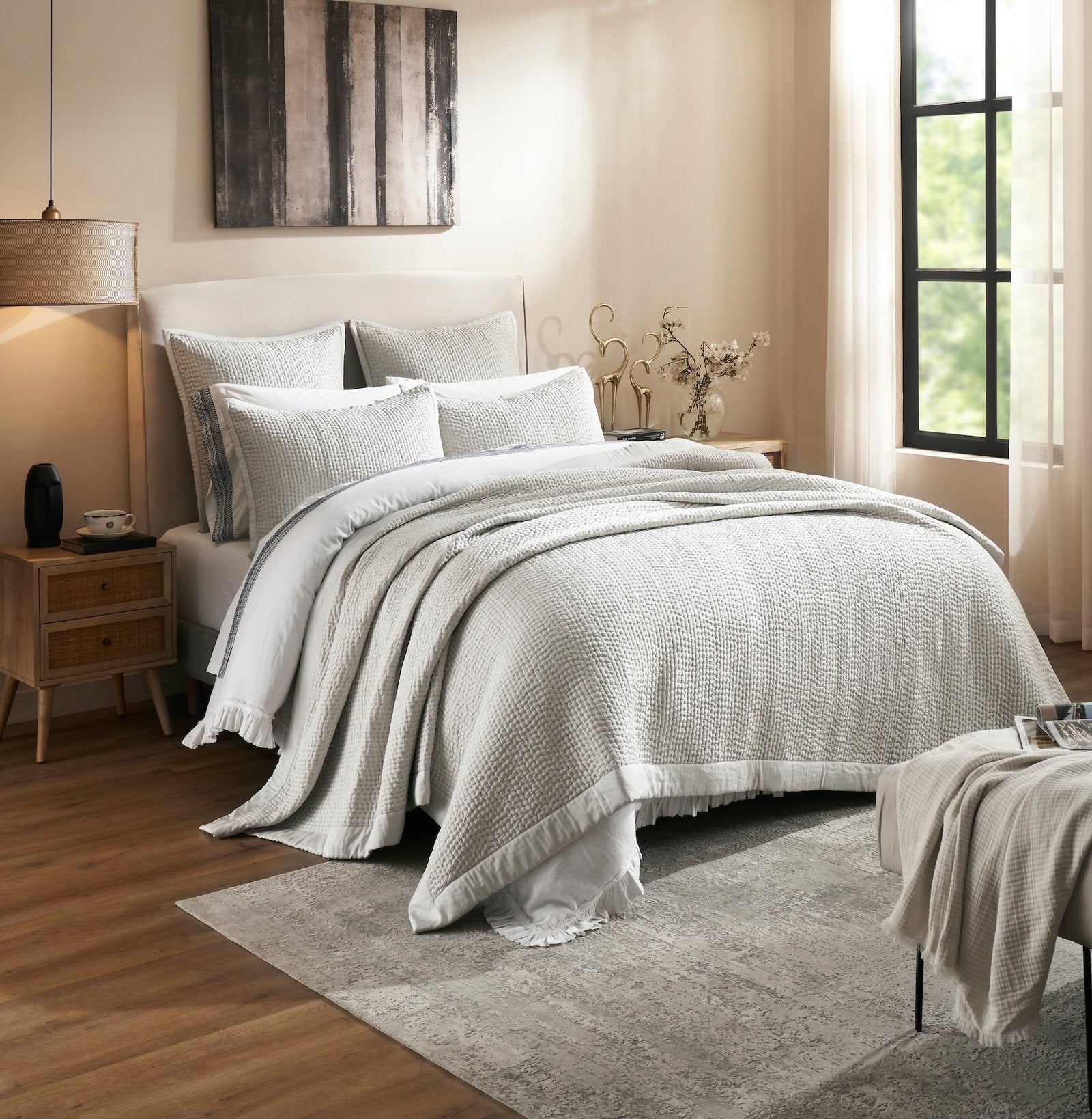 CL-197-11096_2|Elegant light grey quilted coverlet with a textured waffle pattern, enhancing a bright bedroom with relaxed charm.