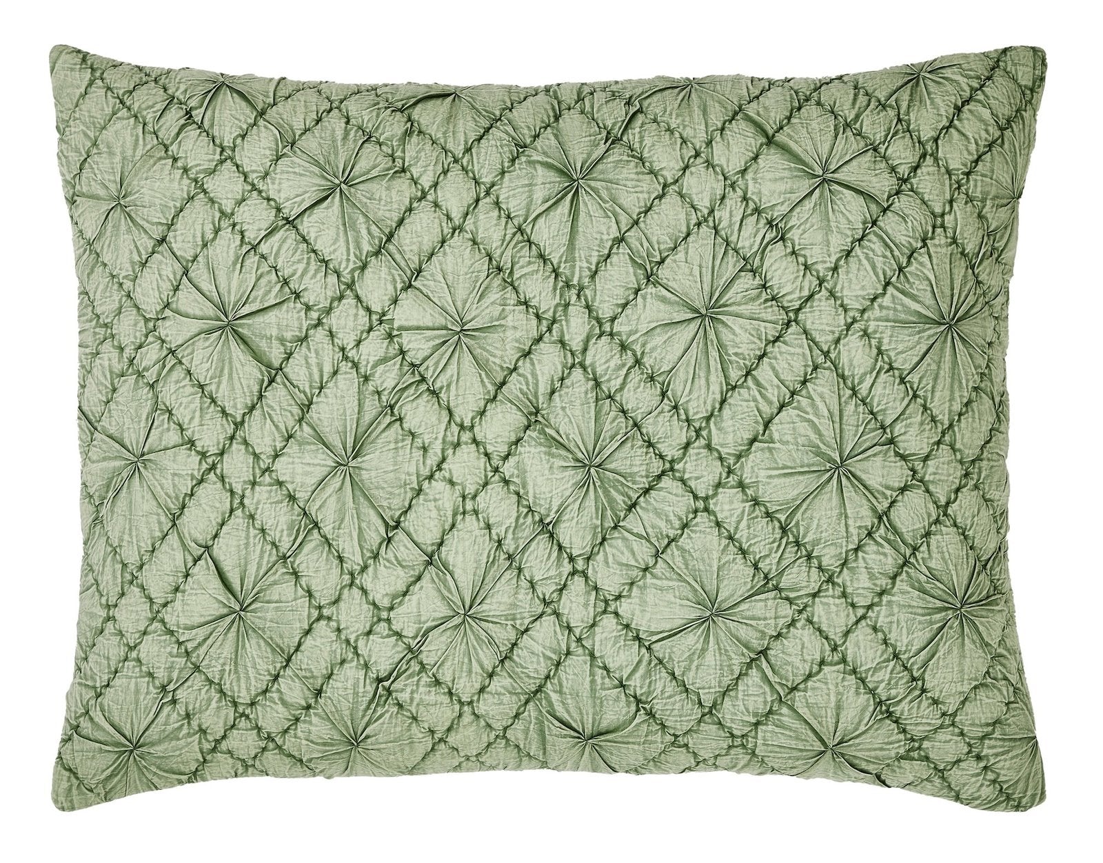 SS-366-2026_1|Sage green textured quilted decorative pillow sham, featuring a sophisticated pintuck diamond pattern.