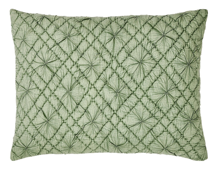 SS-366-2026_1|Sage green textured quilted decorative pillow sham, featuring a sophisticated pintuck diamond pattern.