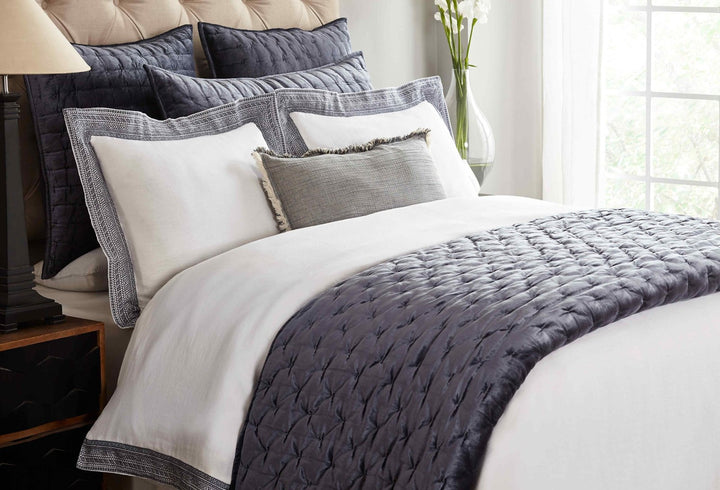 QT-313-9496_3|Stylish dark grey velvet geometric quilted quilt, draped at foot of bed, offers rich texture and contemporary style.