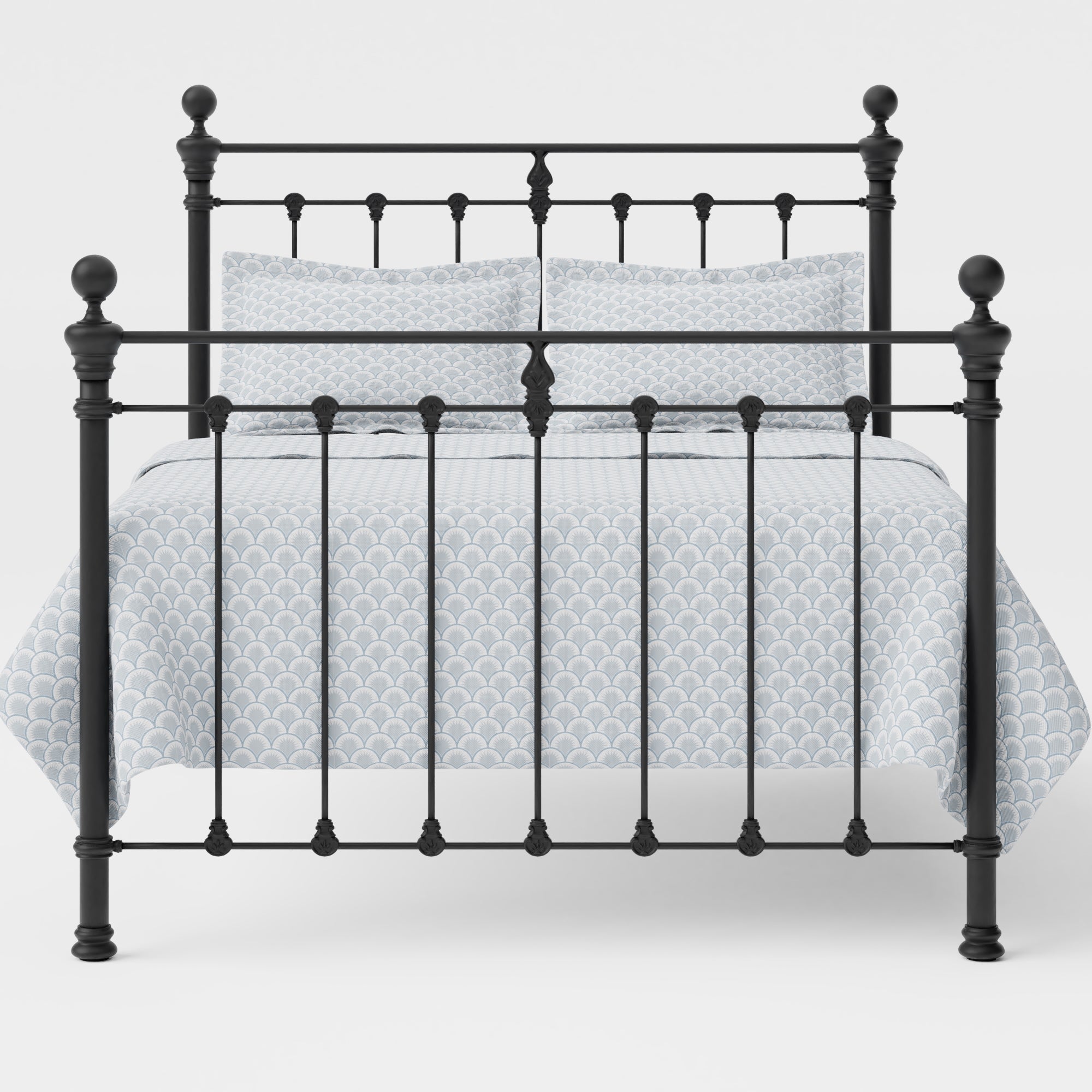 MB-204-7680_2|Traditional black metal bed frame featuring elegant finial posts and a sophisticated scrolled design for bedroom comfort.