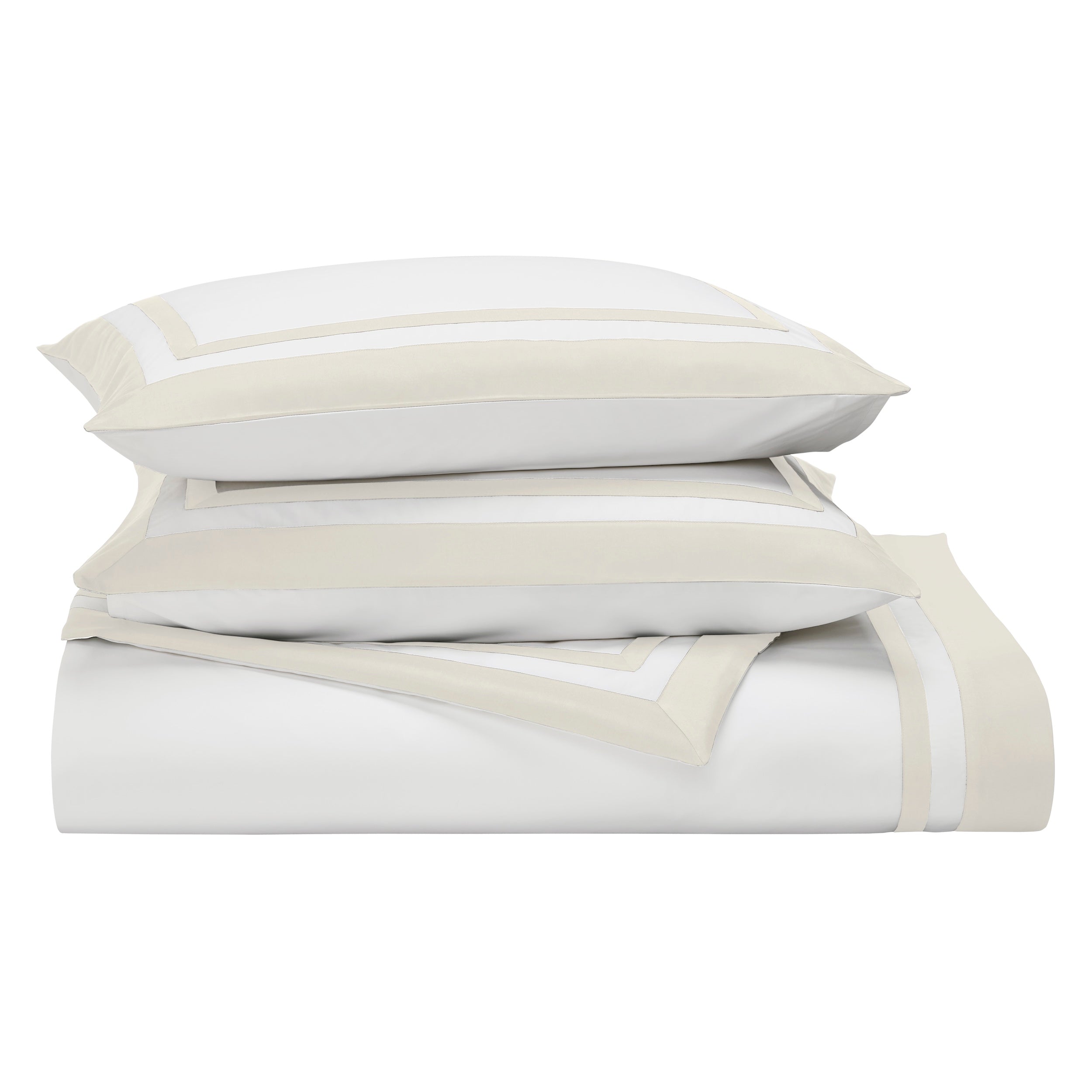 KS-061-2036_3|Folded white duvet cover with elegant light beige border, showcasing premium quality cotton and serene bedroom aesthetic.