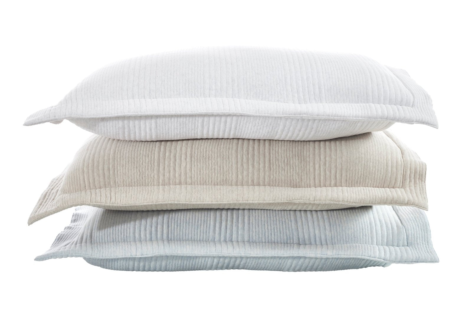 SS-039-X_2|Stack of three soft crinkled pillow shams in white, beige, and light blue, providing comfortable, textured bedding options.
