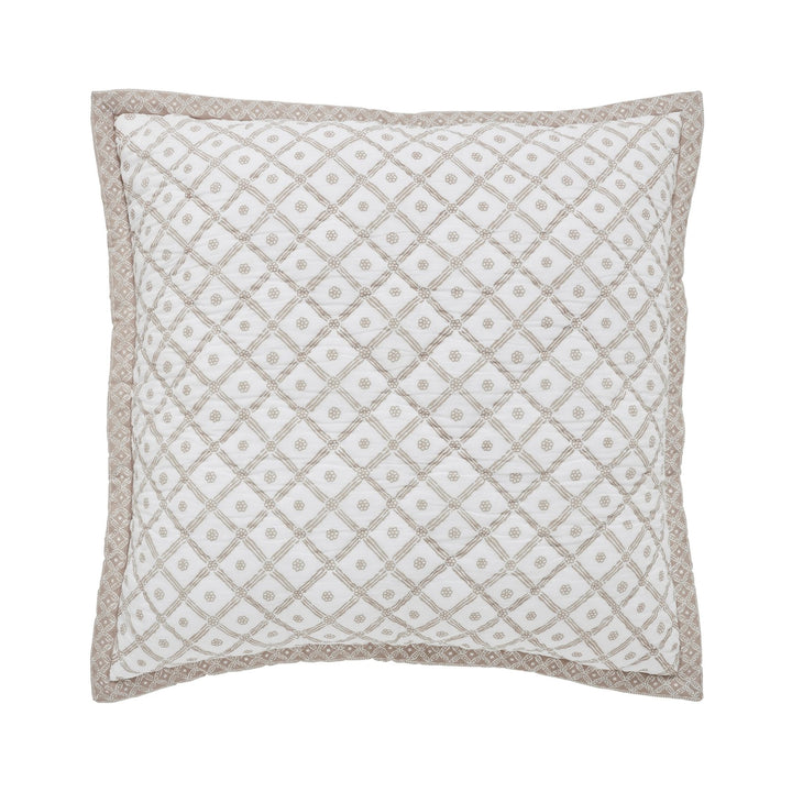SS-345-X_1|White quilted square euro sham with an elegant tan diamond and floral pattern, perfect for bedroom layering.