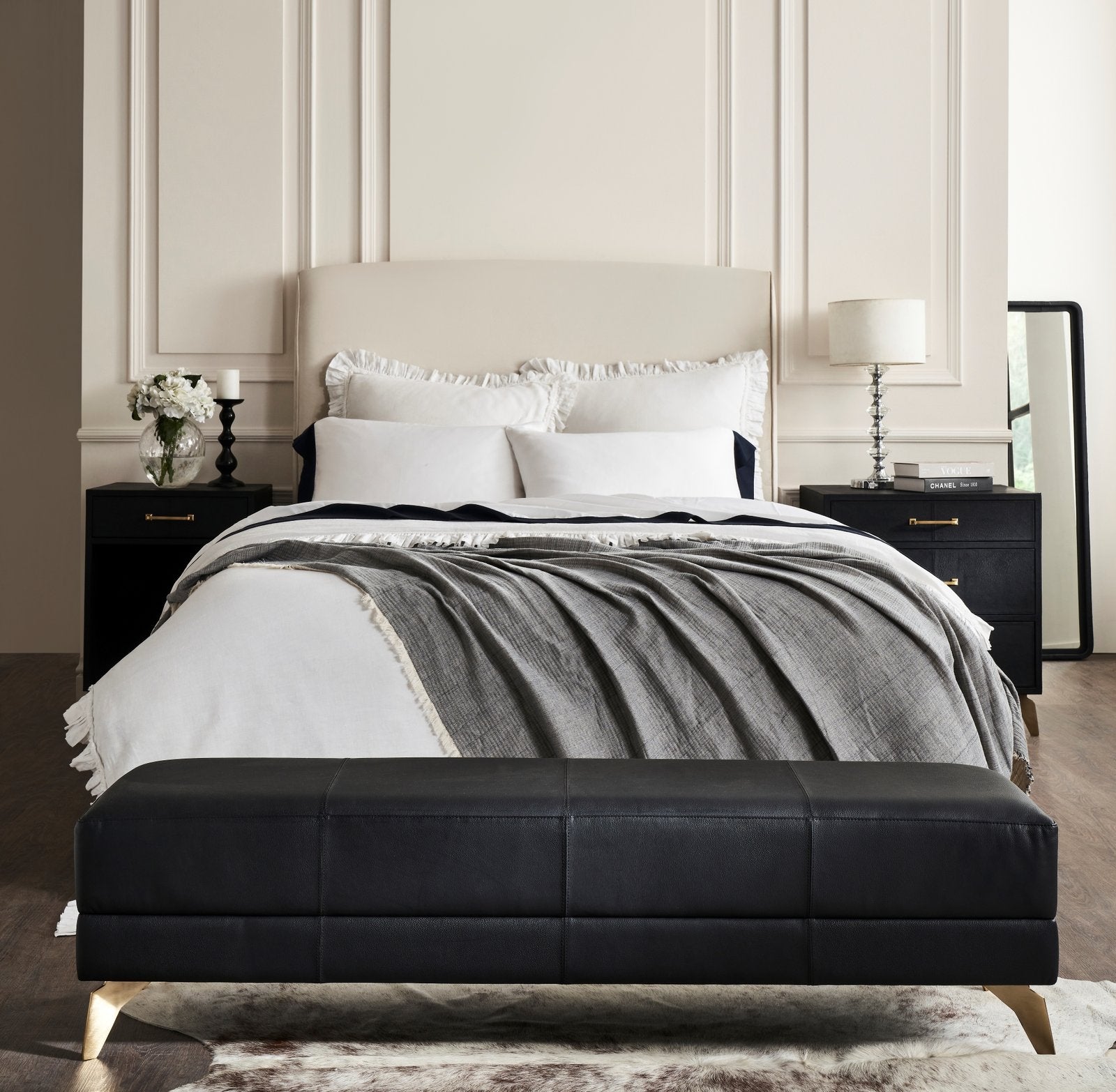 FN-5200-601618_1|Stylish black leather upholstered bench with modern design and gold legs, perfect for bedroom seating and accent furniture.