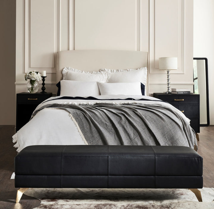 FN-5200-601618_1|Stylish black leather upholstered bench with modern design and gold legs, perfect for bedroom seating and accent furniture.