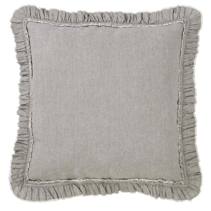 ES-019-2626_1|Grey linen duvet cover, soft ruffled edges, adding a charming, romantic touch to luxury bedding decor.