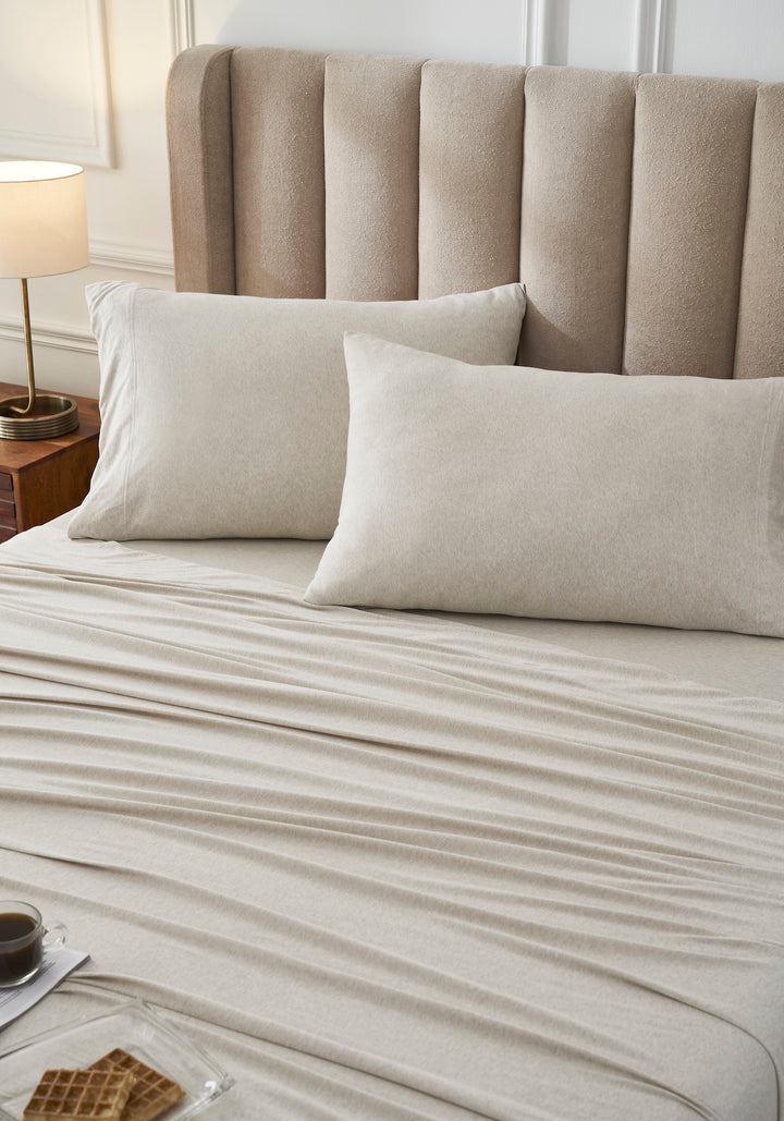 CSS-527-7284_2|Plush light beige melange 100% cotton sheet set and pillowcases, soft comfortable bedding for a stylish bedroom.