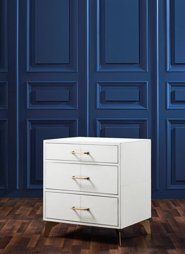 FN-5201-262028_3|Contemporary white shagreen nightstand with three drawers, elegant gold pulls, and subtle textured finish.